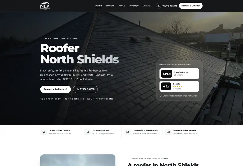 Power Domain website for a roofer in North Shields, built by Stars Group
